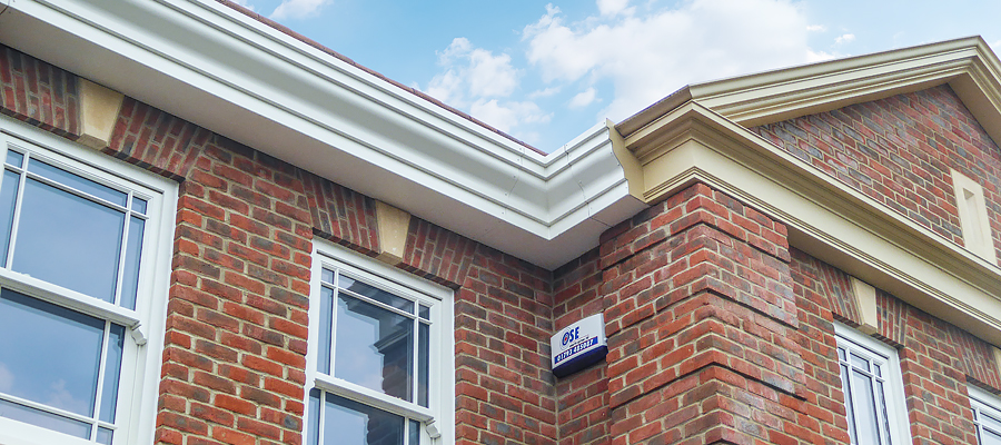 bespoke aluminium guttering with georgian cast square downpipes, downs edge